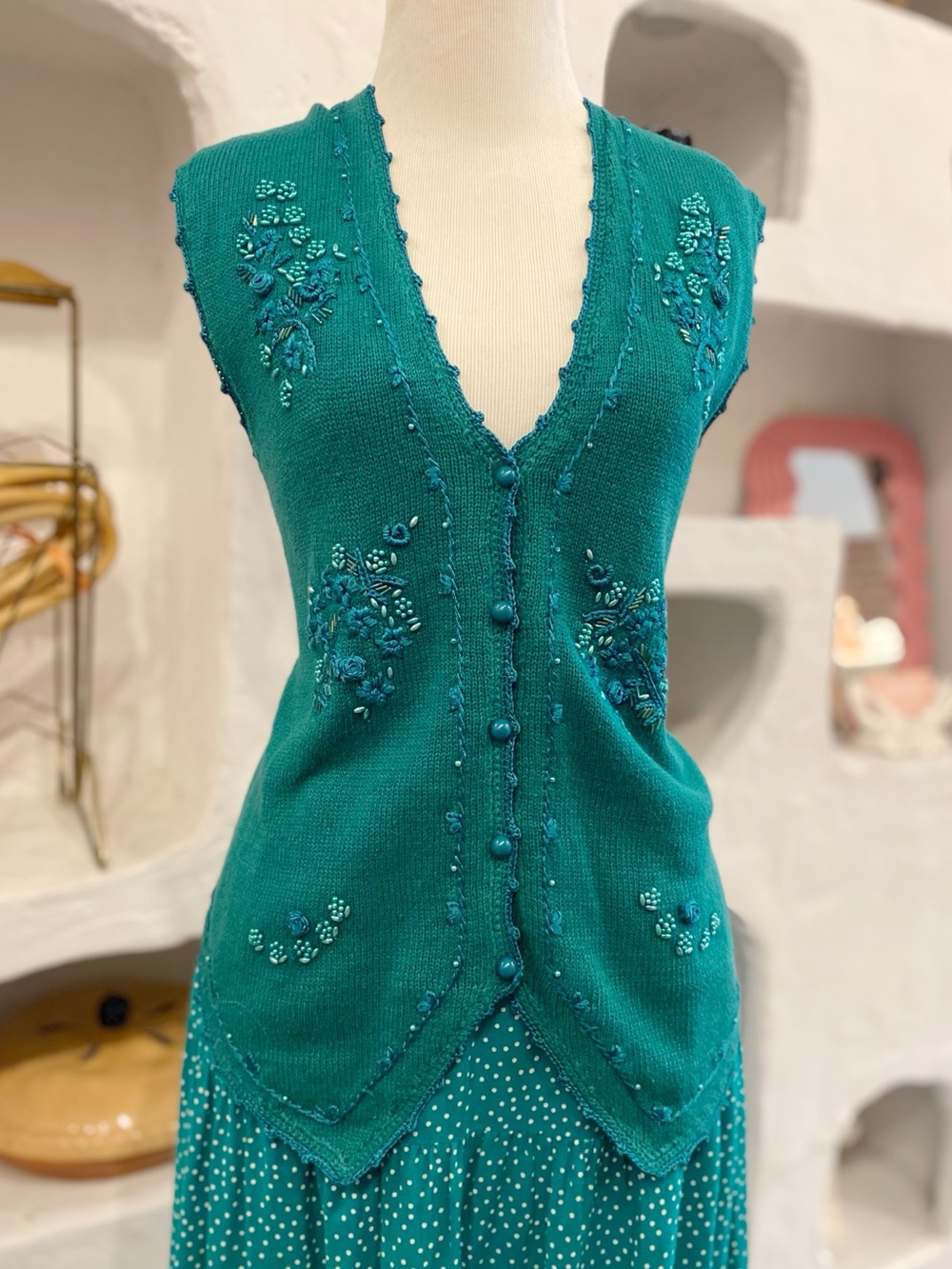 Vintage Teal Embroidered & Beaded Knit V-Neck Ramie & Cotton Button Up Vest